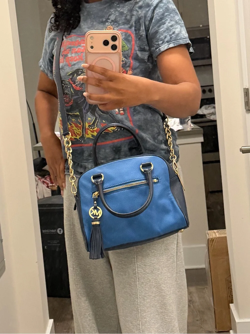 Michael Kors Two Toned Blue Women's Crossbody Satchel with Tassel Charm